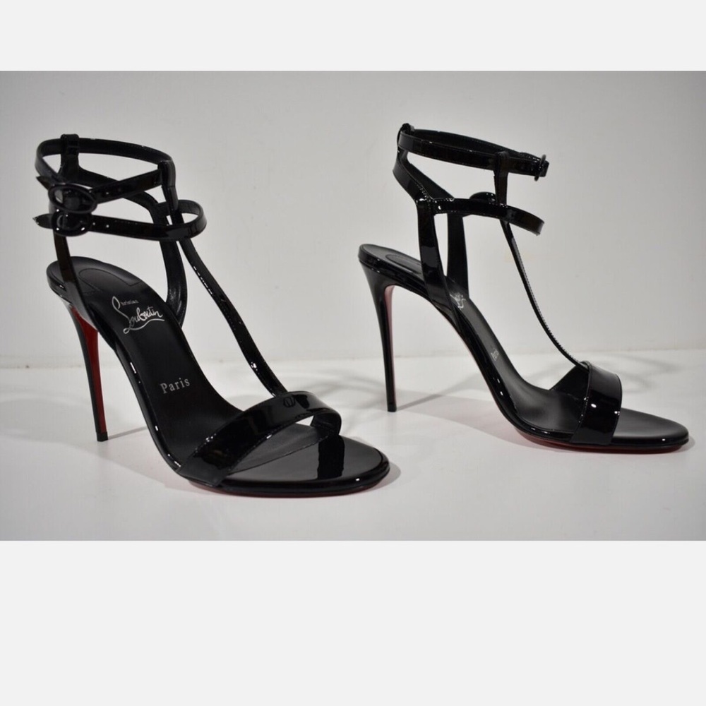 Christian Louboutin Mara 100 Black Patent Sandal Ankle Strap Open Heel Pump